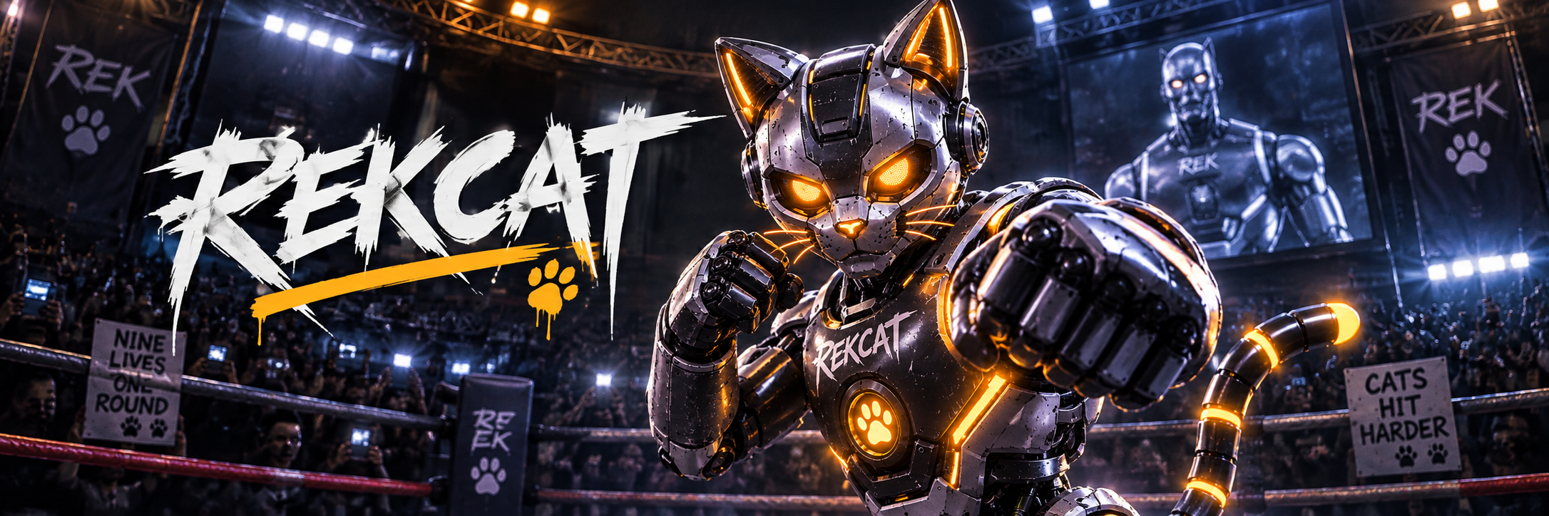 rekrocat in the arena under REKCAT fight-night banners