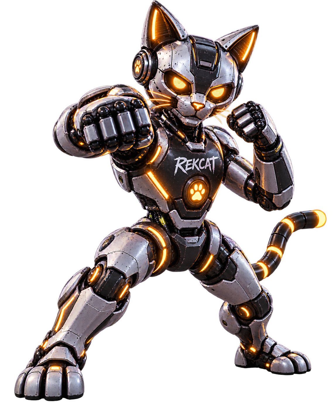 rekrocat robot cat mascot in a fighting stance